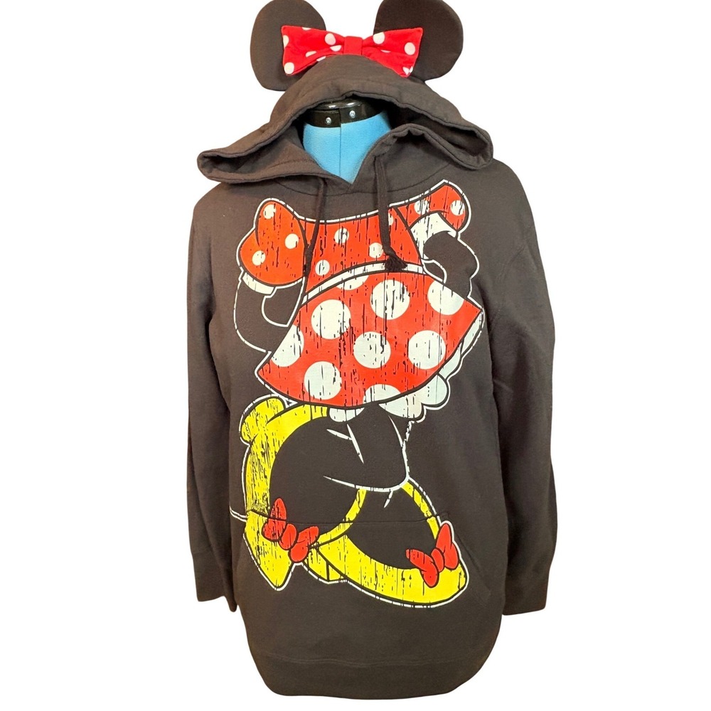 Disney Parks Minnie Mouse Ears Bow‎ Graphic Hoodie Black Pullover Medium